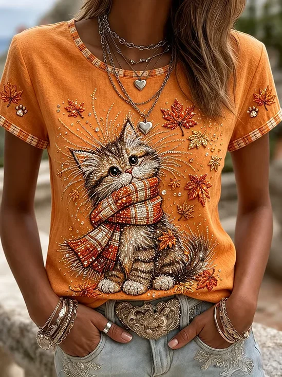 Damen Katze Kurzarm T-Shirts T-Shirt Rundhals Print Lässig T-Shirt mit Grafik Sommer Oberteile