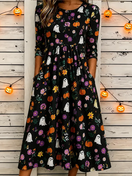 Damen Geblümt Halbarm Rundhals Kleid Urlaub Lässig Maxikleid T-Shirt-Kleid A-Linien Sommer Kleid