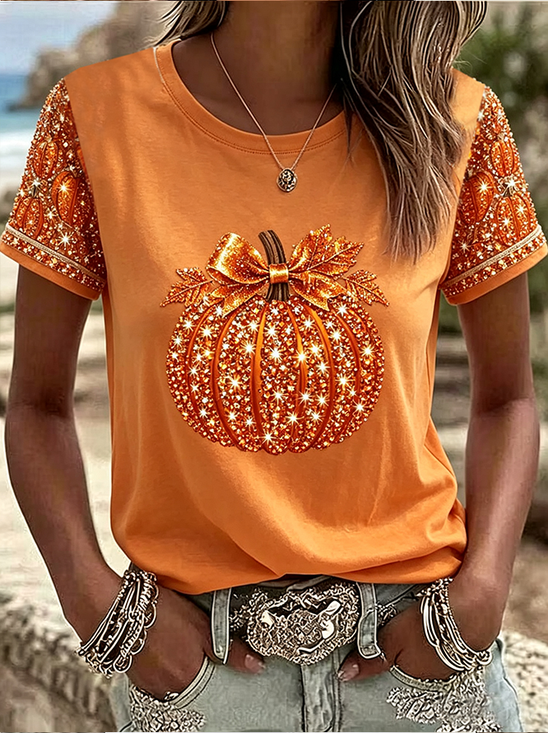 Damen Halloween (Kürbis) Kurzarm T-Shirts T-Shirt Rundhals Print Lässig T-Shirt mit Grafik Sommer Oberteile