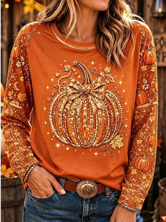 Damen Ahornblatt Langarm T-Shirts T-Shirt Rundhals Print Lässig T-Shirt mit Grafik Frühling/Herbst Oberteile
