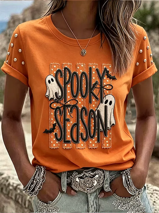 Damen Halloween Kurzarm T-Shirts T-Shirt Rundhals Print Lässig T-Shirt mit Grafik Sommer Oberteile