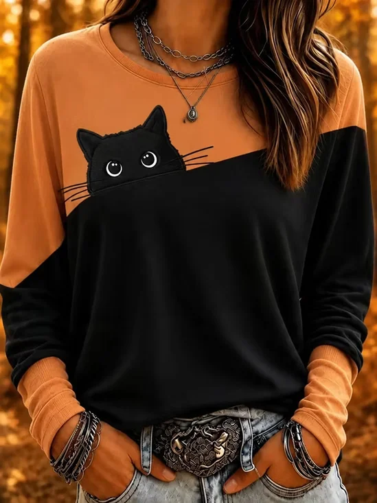 Damen Katze Langarm T-Shirts T-Shirt Rundhals Print Lässig T-Shirt mit Grafik Frühling/Herbst Oberteile