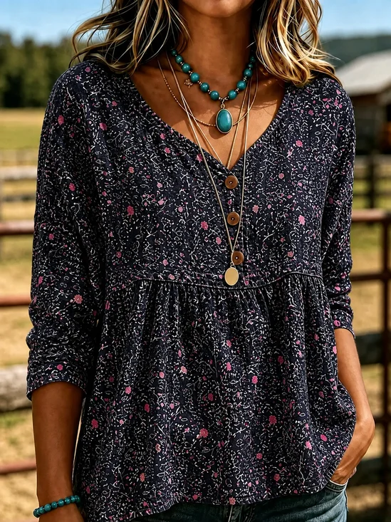 Damen Blumenmuster V-Ausschnitt Dreiviertelärmel Bluse Retro Täglich Frühling/Herbst Oberteile