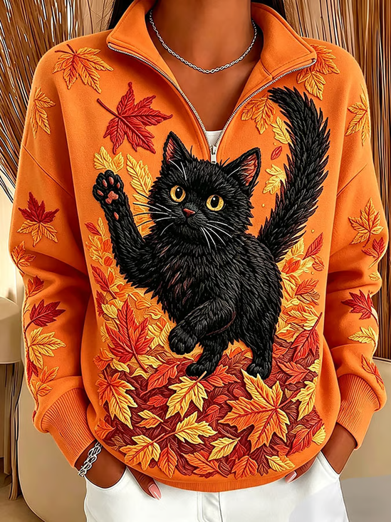 Damen Katze Stehkragen Print Lässig Frühling/Herbst Langarm Sweatshirt
