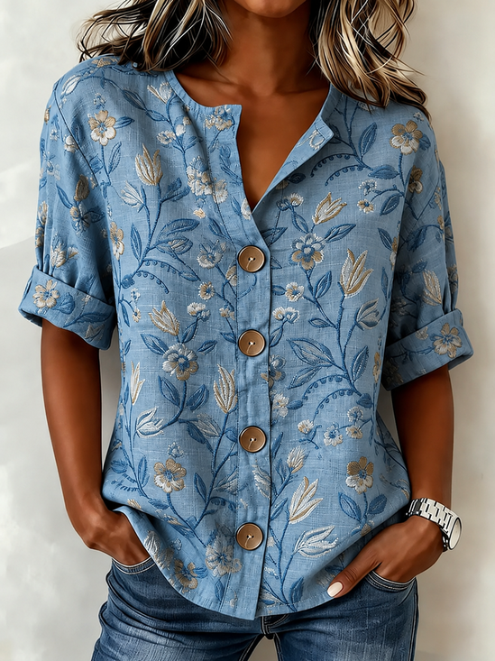 Damen Geblümt Henley-Kragen Langarm Bluse Print Lässig Täglich Frühling/Herbst Oberteile