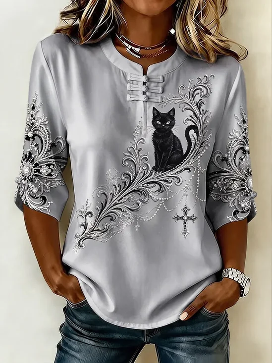 Damen Katze Stehkragen Halbarm Bluse Print Retro Täglich Sommer Oberteile