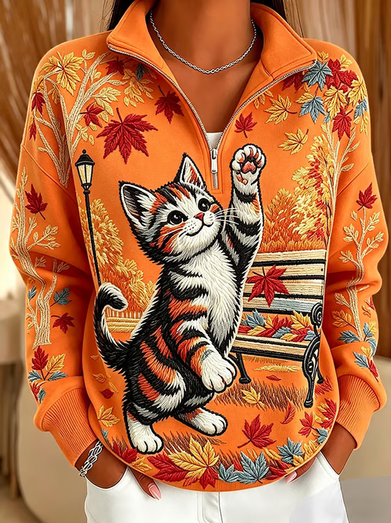 Damen Katze Stehkragen Print Lässig Frühling/Herbst Langarm Sweatshirt