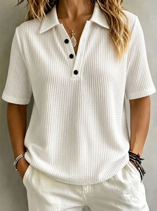 Damen Unifarben Halbarm T-Shirts T-Shirt Polokragen Retro Sommer Oberteile