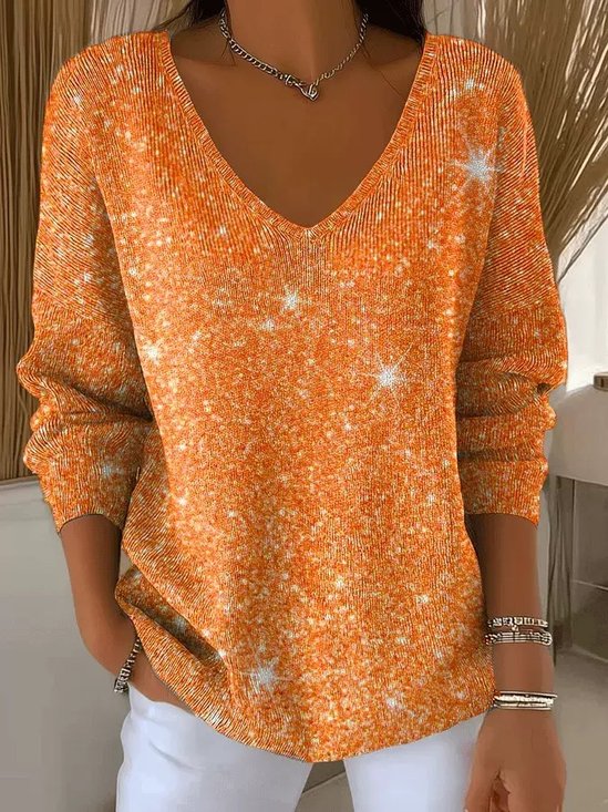 Damen Zufälliger Druck Print Lässig Langarm V-Ausschnitt Baumwolle Frühling/Herbst Pullover