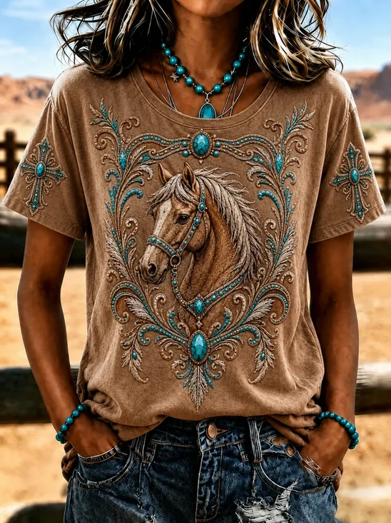 Damen Pferd Kurzarm T-Shirts T-Shirt Rundhals Print Lässig T-Shirt mit Grafik Sommer Oberteile