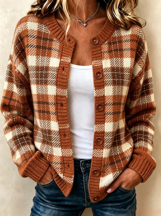 Damen Kariert Print Langarm Rundhals Retro Frühling/Herbst Strickjacke Oberbekleidung