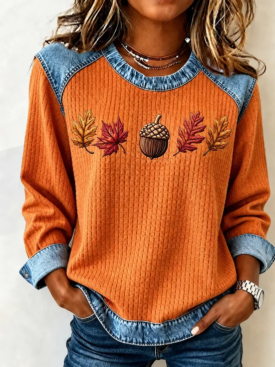 Damen Ahornblatt Rundhals Print Lässig Frühling/Herbst Langarm Sweatshirt