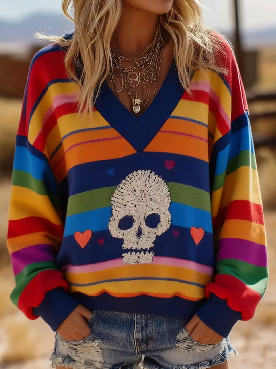 Damen Gestreift V-Ausschnitt Print Lässig Frühling/Herbst Langarm Sweatshirt
