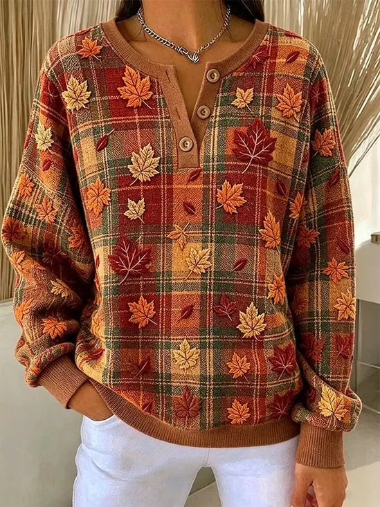 Damen Geometrisch Henley-Kragen Retro Frühling/Herbst Langarm Sweatshirt