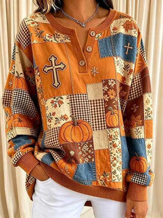 Damen Geblümt Henley-Kragen Retro Frühling/Herbst Langarm Sweatshirt
