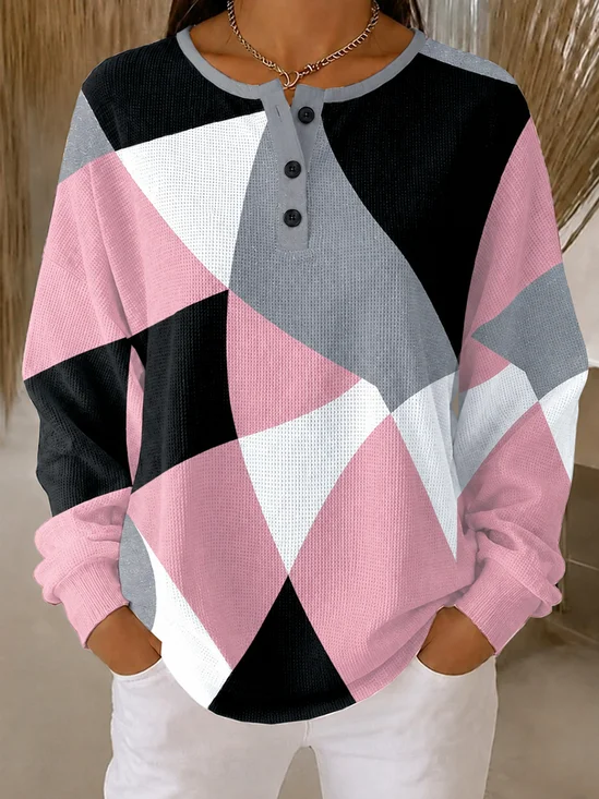 Damen Abstrakt Grafik Henley-Kragen Retro Frühling/Herbst Langarm Sweatshirt
