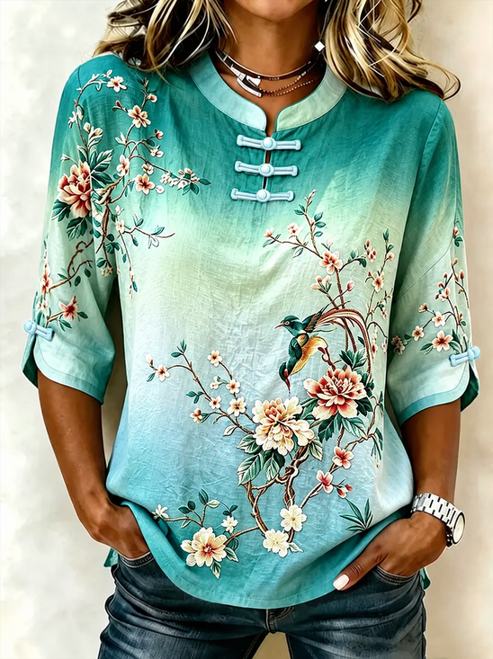 Damen Geblümt Stehkragen Halbarm Bluse Print Retro Täglich Sommer Oberteile
