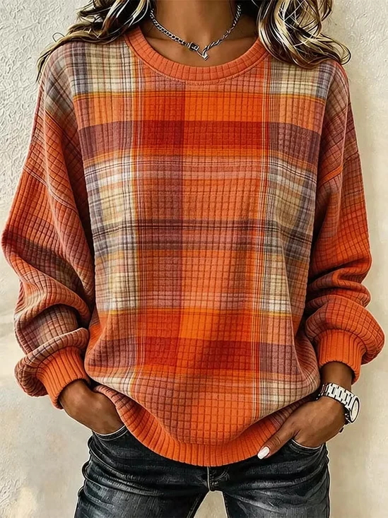 Damen Kariert Rundhals Print Lässig Frühling/Herbst Langarm Sweatshirt