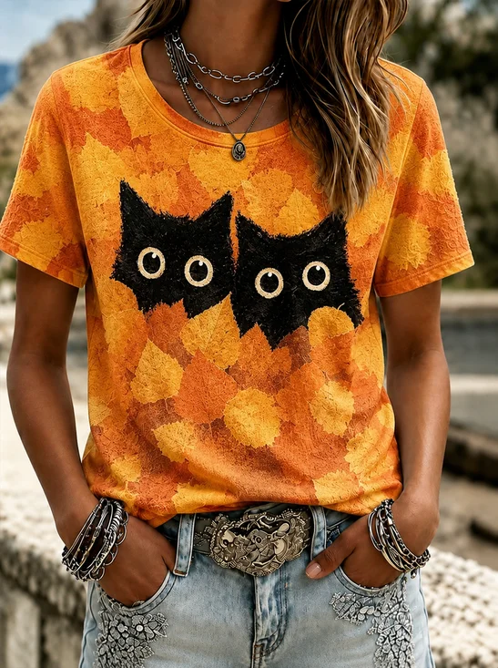 Damen Katze Kurzarm T-Shirts T-Shirt Rundhals Print Lässig Sommer Oberteile