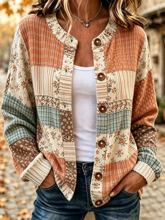 Damen Geblümt Print Langarm Rundhals Retro Frühling/Herbst Strickjacke Oberbekleidung
