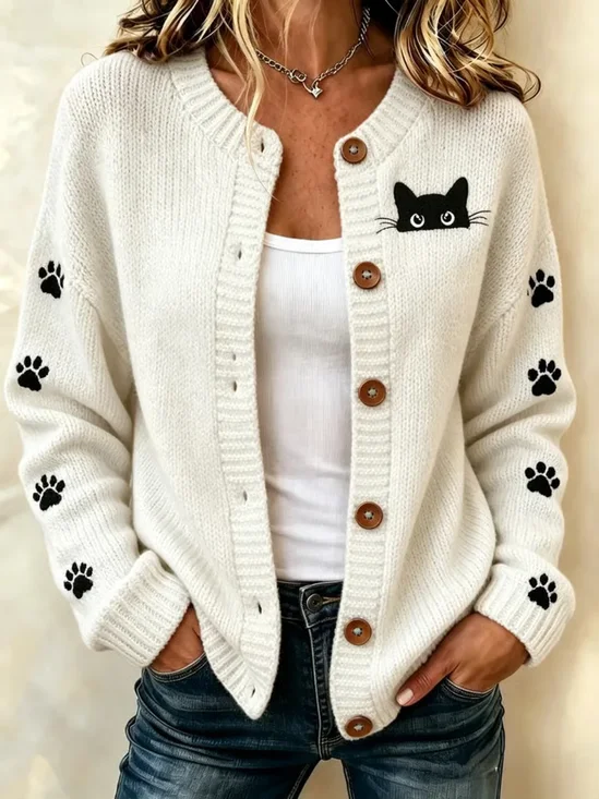 Damen Katze Print Langarm Rundhals Retro Frühling/Herbst Strickjacke Oberbekleidung