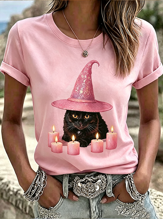 Damen Katze Kurzarm T-Shirts T-Shirt Rundhals Print Lässig T-Shirt mit Grafik Sommer Oberteile