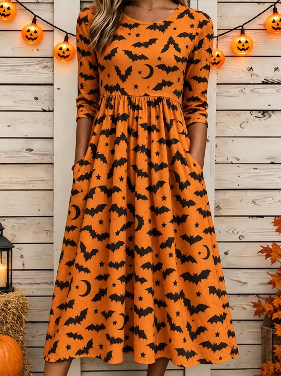 Damen Halloween Halbarm Rundhals Kleid Urlaub Lässig Maxikleid T-Shirt-Kleid A-Linien Sommer Kleid