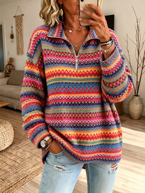 Damen Gestreift Halb offener Kragen Lässig Frühling/Herbst Langarm Sweatshirt