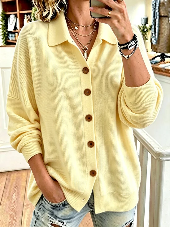 Damen Unifarben Langarm Hemdkragen Lässig Frühling/Herbst Strickjacke Oberbekleidung
