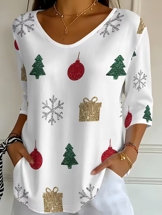 Damen Weihnachten Dreiviertelärmel T-Shirts T-Shirt V-Ausschnitt Print Lässig T-Shirt mit Grafik Frühling/Herbst Oberteile