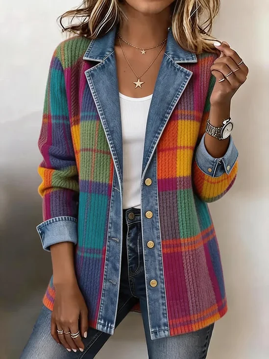 Damen Kariert Retro Oberbekleidung Print Mittellang Schalkragen Winter Mantel