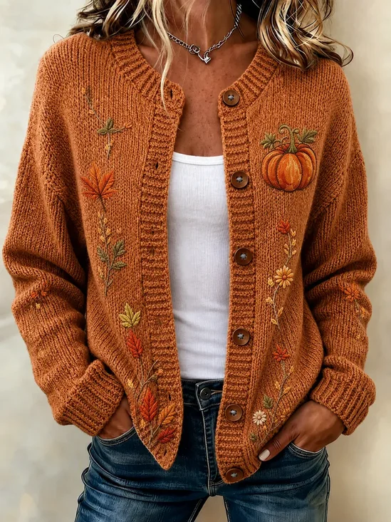 Damen Ahornblatt Print Langarm Rundhals Retro Frühling/Herbst Strickjacke Oberbekleidung