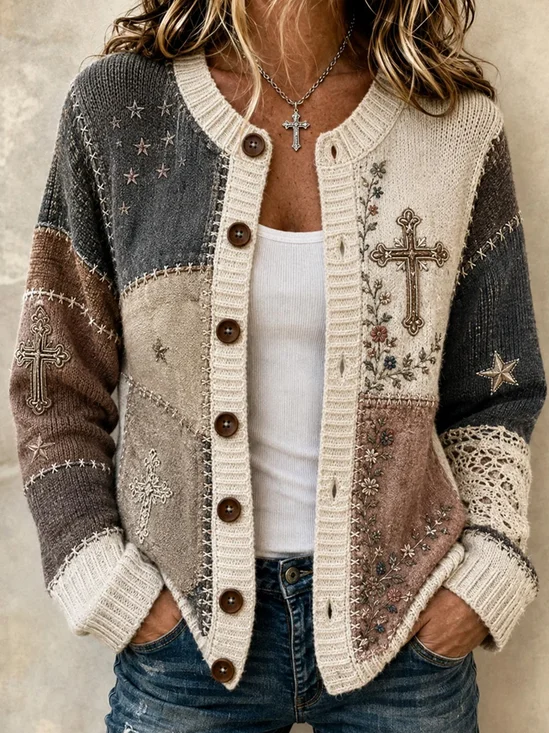 Damen Geometrisch Langarm Rundhals Retro Frühling/Herbst Strickjacke Oberbekleidung