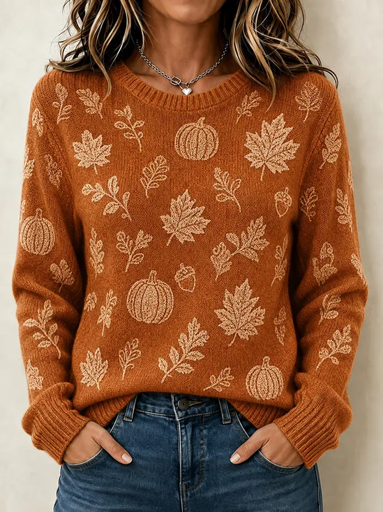 Damen Ahornblatt Print Lässig Langarm Rundhals Frühling/Herbst Pullover