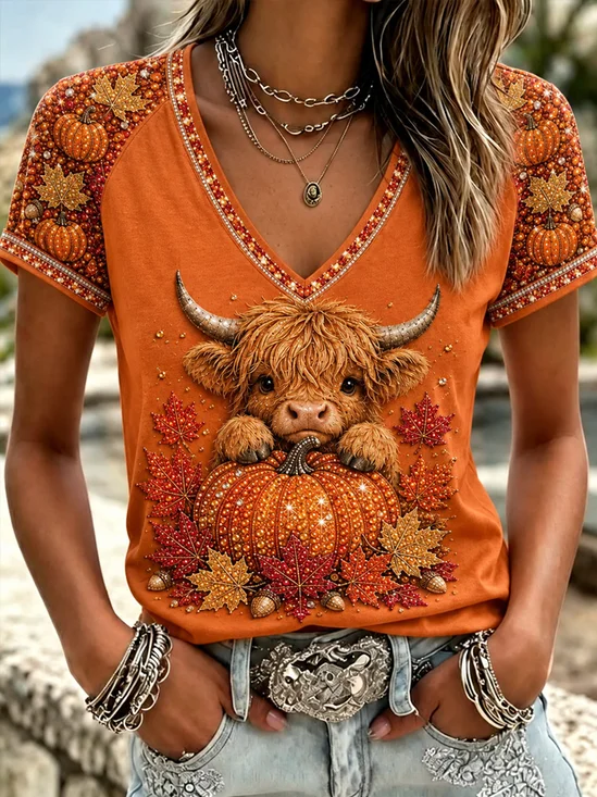 Damen Das Vieh Kurzarm T-Shirts T-Shirt V-Ausschnitt Lässig Sommer Oberteile