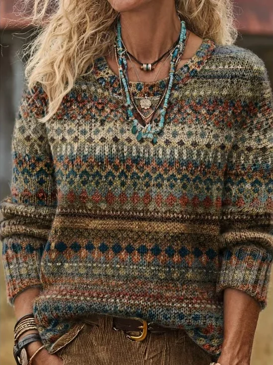 Damen Ethnisch Print Lässig Langarm Rundhals Frühling/Herbst Pullover