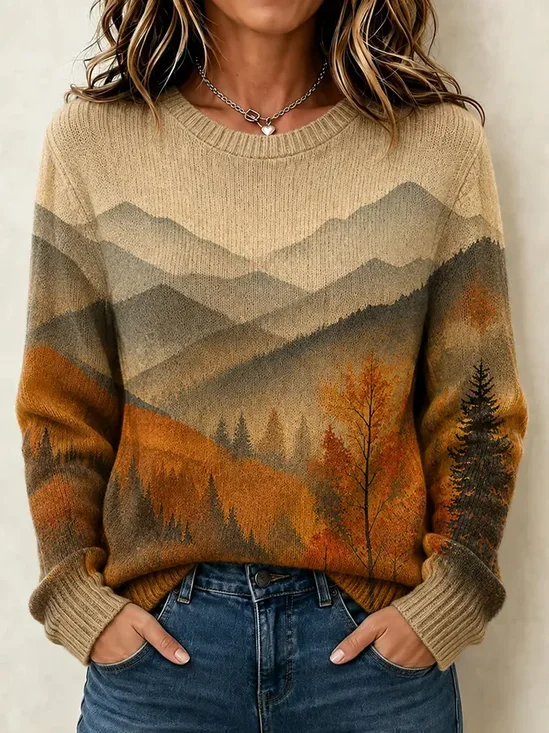 Damen Baum Print Lässig Langarm Rundhals Frühling/Herbst Pullover