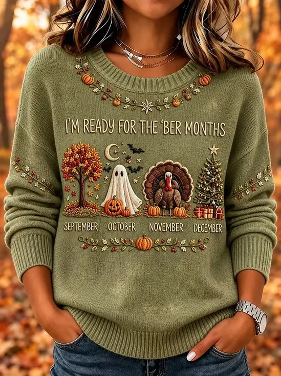 Damen Ahornblatt Print Lässig Langarm Rundhals Frühling/Herbst Pullover