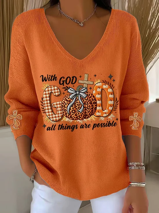 Damen Textbriefe Lässig Langarm V-Ausschnitt Baumwolle Frühling/Herbst Pullover