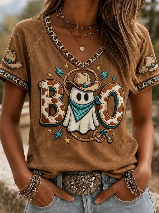 Damen Halloween Kurzarm T-Shirts T-Shirt V-Ausschnitt Print Retro Sommer Oberteile