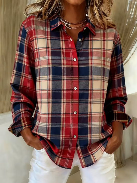Damen Kariert Hemdkragen Langarm Bluse Retro Täglich Frühling/Herbst Oberteile