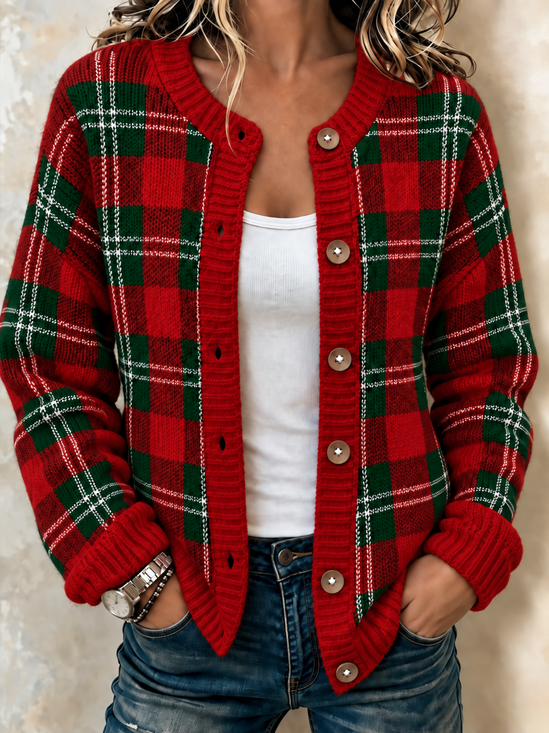 Damen Kariert Langarm Rundhals Lässig Frühling/Herbst Strickjacke Oberbekleidung