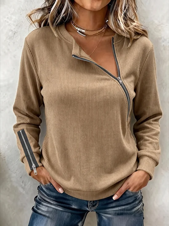 Damen Gerippt Rundhals Halb-Zip Retro Frühling/Herbst Langarm Sweatshirt