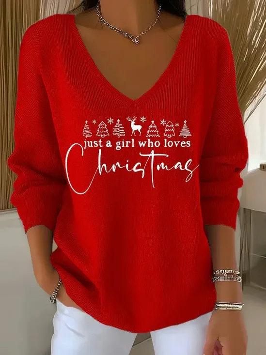 Damen Weihnachten Langarm T-Shirts T-Shirt V-Ausschnitt Print Lässig Frühling/Herbst Oberteile