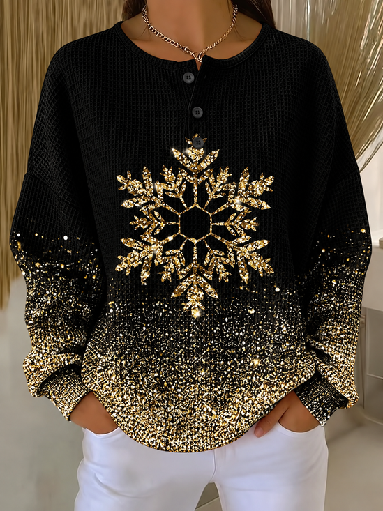 Damen Weihnachten Henley-Kragen Lässig Frühling/Herbst Langarm Sweatshirt