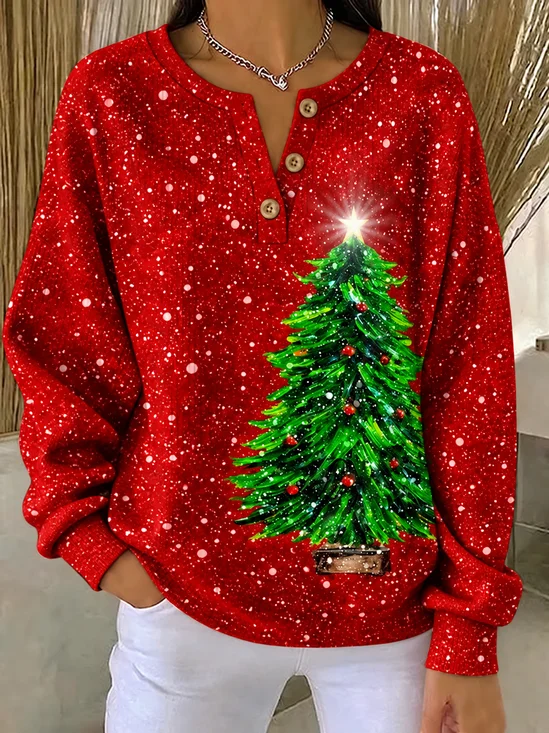Damen Weihnachten Henley-Kragen Print Lässig Frühling/Herbst Langarm Sweatshirt