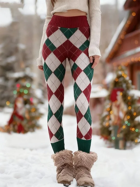 Damen Kariert Retro Alle Jahreszeiten Lang Leggings Hose