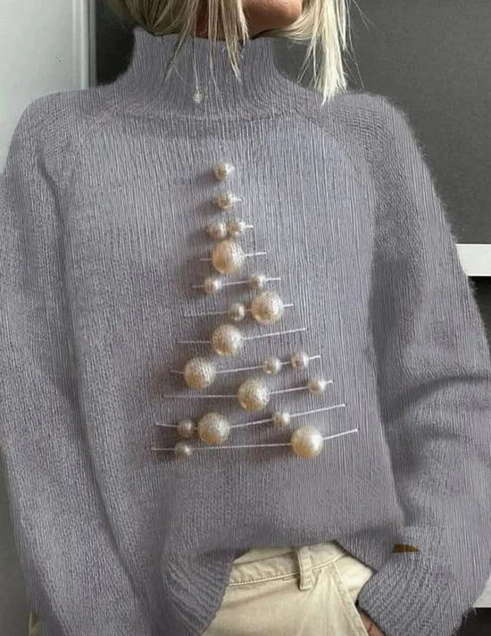 Damen Weihnachten Print Retro Langarm Rollkragen Frühling/Herbst Pullover