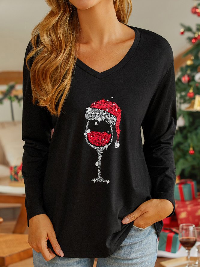 Weihnachten V-Ausschnitt Weit Lässig T-Shirt