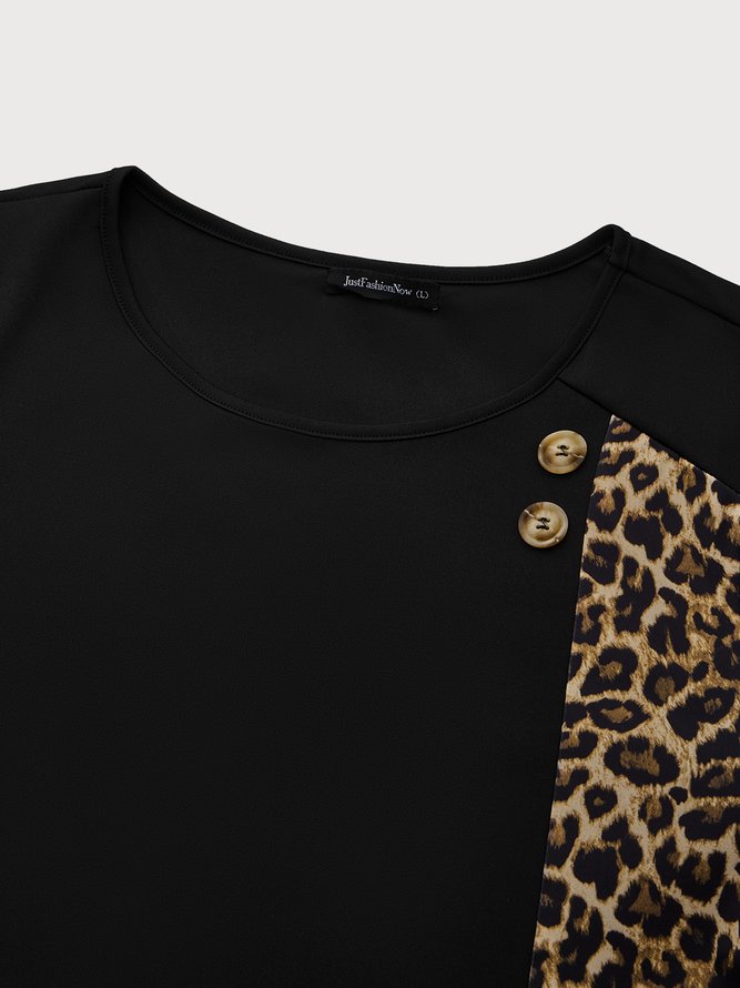 Lässig Leopard Print Patchwork Langarm Shirts & Blusen